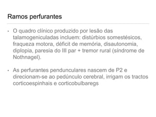 Ramos perfurantes
• O quadro clínico produzido por lesão das
talamogeniculadas incluem: distúrbios somestésicos,
fraqueza motora, déficit de memória, disautonomia,
diplopia, paresia do III par + tremor rural (síndrome de
Nothnagel).
• As perfurantes pendunculares nascem de P2 e
direcionam-se ao pedúnculo cerebral, irrigam os tractos
corticoespinhais e corticobulbaregs
 