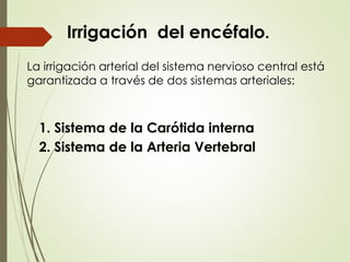 Irrigación del encéfalo.
1. Sistema de la Carótida interna
2. Sistema de la Arteria Vertebral
La irrigación arterial del sistema nervioso central está
garantizada a través de dos sistemas arteriales:
 