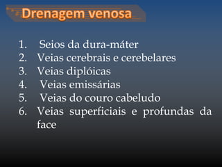 1. Seios da dura-máter 
2. Veias cerebrais e cerebelares 
3. Veias diplóicas 
4. Veias emissárias 
5. Veias do couro cabeludo 
6. Veias superficiais e profundas da 
face 
 