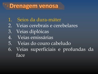 1. Seios da dura-máter 
2. Veias cerebrais e cerebelares 
3. Veias diplóicas 
4. Veias emissárias 
5. Veias do couro cabeludo 
6. Veias superficiais e profundas da 
face 
 