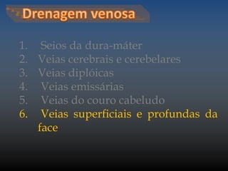 1. Seios da dura-máter 
2. Veias cerebrais e cerebelares 
3. Veias diplóicas 
4. Veias emissárias 
5. Veias do couro cabeludo 
6. Veias superficiais e profundas da 
face 
 