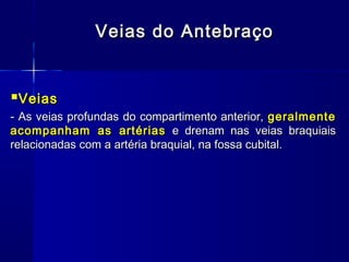 Veias do Antebraço


Veias
- As veias profundas do compartimento anterior, geralmente
acompanham as artérias e drenam nas veias braquiais
relacionadas com a artéria braquial, na fossa cubital.
 