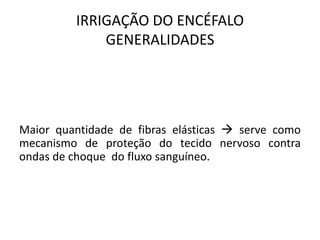 IRRIGAÇÃO DO ENCÉFALO
GENERALIDADES
Maior quantidade de fibras elásticas  serve como
mecanismo de proteção do tecido nervoso contra
ondas de choque do fluxo sanguíneo.
 
