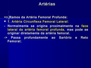 Artérias


=> Ramos da Artéria Femoral Profunda:
 1. Artéria Circunflexa Femoral Lateral:

- Normalmente se origina proximalmente       na face
  lateral da artéria femoral profunda, mas   pode se
  originar diretamente da artéria femoral.
-> Passa profundamente ao Sartório           e   Reto
  Femoral;
 