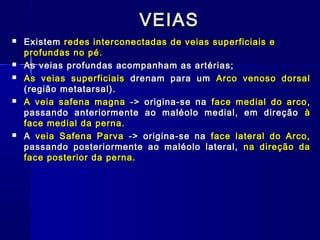 VEIAS
   Existem redes interconectadas de veias superficiais e
    profundas no pé.
   As veias profundas acompanham as artérias;
   As veias superficiais drenam para um Arco venoso dorsal
    (região metatarsal).
   A veia safena magna -> origina-se na face medial do arco ,
    passando anteriormente ao maléolo medial, em direção à
    face medial da perna.
   A veia Safena Parva -> origina-se na face lateral do Arco,
    passando posteriormente ao maléolo lateral, na direção da
    face posterior da perna.
 