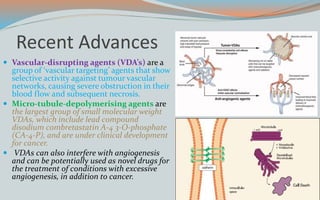 Recent Advances
 Vascular-disrupting agents (VDA’s) are a
group of ‘vascular targeting’ agents that show
selective activity against tumour vascular
networks, causing severe obstruction in their
blood flow and subsequent necrosis.
 Micro-tubule-depolymerising agents are
the largest group of small molecular weight
VDAs, which include lead compound
disodium combretastatin A-4 3-O-phosphate
(CA-4-P), and are under clinical development
for cancer.
 VDAs can also interfere with angiogenesis
and can be potentially used as novel drugs for
the treatment of conditions with excessive
angiogenesis, in addition to cancer.
 