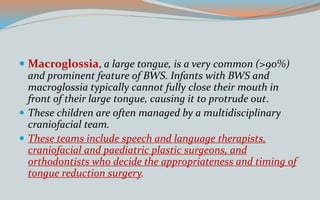  Macroglossia, a large tongue, is a very common (>90%)
and prominent feature of BWS. Infants with BWS and
macroglossia typically cannot fully close their mouth in
front of their large tongue, causing it to protrude out.
 These children are often managed by a multidisciplinary
craniofacial team.
 These teams include speech and language therapists,
craniofacial and paediatric plastic surgeons, and
orthodontists who decide the appropriateness and timing of
tongue reduction surgery.
 