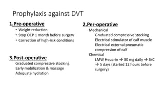 Prophylaxis against DVT
1.Pre-operative
• Weight reduction
• Stop OCP 1 month before surgery
• Correction of high-risk conditions
2.Per-operative
Mechanical
Graduated compressive stocking
Electrical stimulator of calf muscle
Electrical external pneumatic
compression of calf
Chemical
LMW Heparin  30 mg daily  S/C
 5 days (started 12 hours before
surgery)
3.Post-operative
Graduated compressive stocking
Early mobilization & massage
Adequate hydration
 