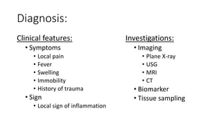 Diagnosis:
Clinical features:
• Symptoms
• Local pain
• Fever
• Swelling
• Immobility
• History of trauma
• Sign
• Local sign of inflammation
Investigations:
• Imaging
• Plane X-ray
• USG
• MRI
• CT
• Biomarker
• Tissue sampling
 