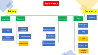 Bone tumour
Primary
Meyeloma
MM
Solitary
plasmacytoma
Osteogenic
Osteoid
osteoma
Osteoblastoma
osteosarcoma
Chondrogenic
Osteochondroma
Enchondroma
Chondrosarcoma
Other
Simple bone
cyst
ABC
GCT
Fibrous Dys
Ewing’s
sarcoma
Secondary
(BBKPT)
 