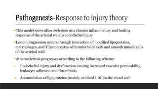 Pathogenesis-Response to injury theory
▪This model views atherosclerosis as a chronic inflammatory and healing
response of the arterial wall to endothelial injury
▪Lesion progression occurs through interaction of modified lipoproteins,
macrophages, and T lymphocytes with endothelial cells and smooth muscle cells
of the arterial wall
▪Atherosclerosis progresses according to the following scheme:
1. Endothelial injury and dysfunction causing increased vascular permeability,
leukocyte adhesion and thrombosis
2. Accumulation of lipoproteins (mainly oxidized LDL)in the vessel wall
 