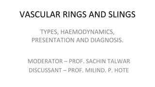 VASCULAR RINGS AND SLINGS
TYPES, HAEMODYNAMICS,
PRESENTATION AND DIAGNOSIS.
MODERATOR – PROF. SACHIN TALWAR
DISCUSSANT – PROF. MILIND. P. HOTE
 