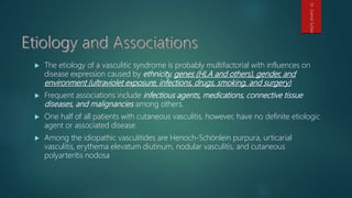  The etiology of a vasculitic syndrome is probably multifactorial with influences on
disease expression caused by ethnicity, genes (HLA and others), gender, and
environment (ultraviolet exposure, infections, drugs, smoking, and surgery).
 Frequent associations include infectious agents, medications, connective tissue
diseases, and malignancies among others.
 One half of all patients with cutaneous vasculitis, however, have no definite etiologic
agent or associated disease.
 Among the idiopathic vasculitides are Henoch-Schönlein purpura, urticarial
vasculitis, erythema elevatum diutinum, nodular vasculitis, and cutaneous
polyarteritis nodosa
Dr.GamalSultan
 