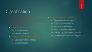 In 1994, the Chapel Hill Consensus
Conference (CHCC) created an alternative
schema for classification of the major types
of vasculitis
 Giant cell arteritis
 Takayasu's arteritis
 Classic polyarteritis nodosa
 Kawasaki disease
 Wegener's granulomatosis
 Churg-Strauss syndrome
 Microscopic polyangiits
 Henoch-Schönlein purpura
 Essential cryoglobulinemia vasculitis
 Cutaneous leukocytoclastic angiitis
Dr.GamalSultan
 
