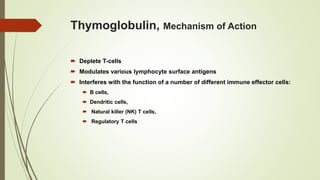 Thymoglobulin, Mechanism of Action
 Deplete T-cells
 Modulates various lymphocyte surface antigens
 Interferes with the function of a number of different immune effector cells:
 B cells,
 Dendritic cells,
 Natural killer (NK) T cells,
 Regulatory T cells
 