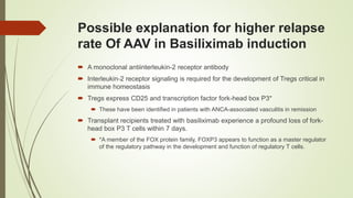 Possible explanation for higher relapse
rate Of AAV in Basiliximab induction
 A monoclonal antiinterleukin-2 receptor antibody
 Interleukin-2 receptor signaling is required for the development of Tregs critical in
immune homeostasis
 Tregs express CD25 and transcription factor fork-head box P3*
 These have been identified in patients with ANCA-associated vasculitis in remission
 Transplant recipients treated with basiliximab experience a profound loss of fork-
head box P3 T cells within 7 days.
 *A member of the FOX protein family, FOXP3 appears to function as a master regulator
of the regulatory pathway in the development and function of regulatory T cells.
 
