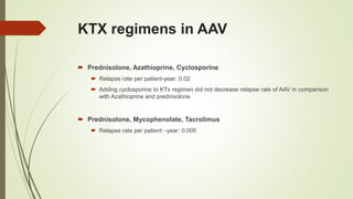 KTX regimens in AAV
 Prednisolone, Azathioprine, Cyclosporine
 Relapse rate per patient-year: 0.02
 Adding cyclosporine to KTx regimen did not decrease relapse rate of AAV in comparison
with Azathioprine and prednisolone
 Prednisolone, Mycophenolate, Tacrolimus
 Relapse rate per patient –year: 0.005
 