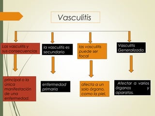 Vasculitis
Las vasculitis y
sus consecuencias
principal o la
única
manifestación
de una
enfermedad.
la vasculitis es
secundario
enfermedad
primaria
las vasculitis
puede ser
focal
Vasculitis
Generalizada
afecta a un
solo órgano,
como la piel,
Afectar a varios
órganos y
aparatos.
 
