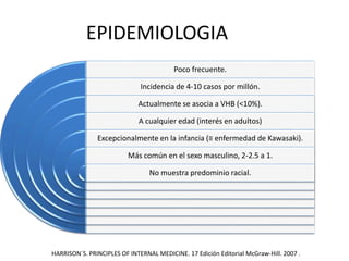 EPIDEMIOLOGIA
Poco frecuente.
Incidencia de 4-10 casos por millón.
Actualmente se asocia a VHB (<10%).
A cualquier edad (interés en adultos)
Excepcionalmente en la infancia (≡ enfermedad de Kawasaki).
Más común en el sexo masculino, 2-2.5 a 1.
No muestra predominio racial.
HARRISON´S. PRINCIPLES OF INTERNAL MEDICINE. 17 Edición Editorial McGraw-Hill. 2007 .
 