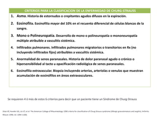 CRITERIOS PARA LA CLASIFICACION DE LA ENFERMEDAD DE CHURG-STRAUSS
1. Asma. Historia de estornudos o crepitantes agudos difusos en la espiración.
2. Eosinofilia. Eosinofilia mayor del 10% en el recuento diferencial de células blancas de la
sangre.
3. Mono o Polineuropatía. Desarrollo de mono o polineuropatía o mononeuropatía
múltiple atribuible a vasculitis sistémica.
4. Infiltrados pulmonares. Infiltrados pulmonares migratorios o transitorios en Rx (no
incluyendo infiltrados fijos) atribuibles a vasculitis sistémica.
5. Anormalidad de senos paranasales. Historia de dolor paranasal agudo o crónico o
hipersensibilidad al tacto u opacificación radiológica de senos paranasales.
6. Eosinofilia extravascular. Biopsia incluyendo arterias, arteriolas o venulas que muestran
acumulación de eosinófilos en áreas extravasculares.
Se requieren 4 ó más de estos 6 criterios para decir que un paciente tiene un Síndrome de Churg-Strauss
(Hasi AT, Hunder GG, Lie VT, et al. The American College of Rheumatology 1990 criteria for classification of Churg-Strauss syndrome (Allergic granulomatosis and angiitis). Arthritis
Rheum 1990; 33: 1094-1100).
 