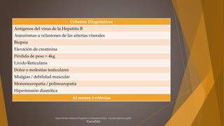 Miguel Hernán. Manuel de Diagnóstico y Tratamiento Clínico . Vasculitis sistémicas ;pp285
Vasculitis
Pérdida de peso > 4kg
Lívido Reticularis
Dolor o molestias testiculares
Mialgias / debilidad muscular
Mononeuropatía / polineuropatía
Hipertensión diastólica
Criterios Diagnósticos
Antígenos del virus de la Hepatitis B
Aneurismas u oclusiones de las arterias viserales
Biopsia
Elevación de creatinina
Al menos 3 criterios
 
