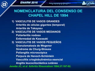 NOMENCLATURA DEL CONSENSO DE
CHAPEL HILL DE 1994
1) VASCULITIS DE VASOS GRANDES
Arteritis de células gigantes (temporal)
Arteritis de Takayasu
2) VASCULITIS DE VASOS MEDIANOS
Poliarteritis nodosa
Enfermedad de Kawasaki
3) VASCULITIS DE VASOS PEQUEÑOS
Granulomatosis de Wegener
Síndrome de Churg-Strauss
Poliangitis microscópica
Púrpura de Henoch-Schönlein
Vasculitis crioglobulinémica esencial
Angitis leucocitoclástica cutánea
Jenette JC, et al Arthritis Rheumatism 1994;37:187-92.
 