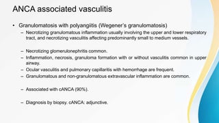 ANCA associated vasculitis
• Granulomatosis with polyangiitis (Wegener’s granulomatosis)
– Necrotizing granulomatous inflammation usually involving the upper and lower respiratory
tract, and necrotizing vasculitis affecting predominantly small to medium vessels.
– Necrotizing glomerulonephritis common.
– Inflammation, necrosis, granuloma formation with or without vasculitis common in upper
airway.
– Ocular vasculitis and pulmonary capillaritis with hemorrhage are frequent.
– Granulomatous and non-granulomatous extravascular inflammation are common.
– Associated with cANCA (90%).
– Diagnosis by biopsy. cANCA: adjunctive.
 