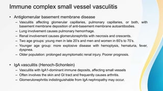 Immune complex small vessel vasculitis
• Antiglomerular basement membrane disease
– Vasculitis affecting glomerular capillaries, pulmonary capillaries, or both, with
basement membrane deposition of anti-basement membrane autoantibodies.
– Lung involvement causes pulmonary hemorrhage.
– Renal involvement causes glomerulonephritis with necrosis and crescents.
– Two age groups: young men in late 20’s and men and women in 60’s to 70’s.
– Younger age group: more explosive disease with hemoptysis, hematuria, fever,
dyspnea.
– Older population: prolonged asymptomatic renal injury. Poorer prognosis.
• IgA vasculitis (Henoch-Schonlein)
– Vasculitis with IgA1-dominant immune deposits, affecting small vessels
– Often involves the skin and GI tract and frequently causes arthritis.
– Glomerulonephritis indistinguishable from IgA nephropathy may occur.
 