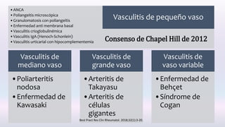 Vasculitis de
mediano vaso
•Poliarteritis
nodosa
•Enfermedad de
Kawasaki
Vasculitis de
grande vaso
•Arteritis de
Takayasu
•Arteritis de
células
gigantes
Vasculitis de
vaso variable
•Enfermedad de
Behçet
•Síndrome de
Cogan
•ANCA
•Poliangeitis microscópica
•Granulomatosis con poliangeítis
•Enfermedad anti membrana basal
•Vasculitis crioglobulinémica
•Vasculitis IgA (Henoch-Schonlein)
•Vasculitis urticarial con hipocomplementemia
Vasculitis de pequeño vaso
Consenso de Chapel Hill de 2012
Best Pract Res Clin Rheumatol. 2018;32(1):3-20.
 