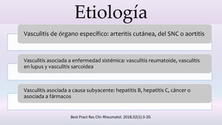 Etiología
Vasculitis de órgano específico: arteritis cutánea, del SNC o aortitis
Vasculitis asociada a enfermedad sistémica: vasculitis reumatoide, vasculitis
en lupus y vasculitis sarcoidea
Vasculitis asociada a causa subyacente: hepatitis B, hepatitis C, cáncer o
asociada a fármacos
Best Pract Res Clin Rheumatol. 2018;32(1):3-20.
 