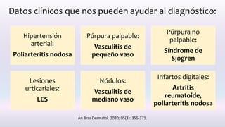 Datos clínicos que nos pueden ayudar al diagnóstico:
Hipertensión
arterial:
Poliarteritis nodosa
Púrpura palpable:
Vasculitis de
pequeño vaso
Púrpura no
palpable:
Síndrome de
Sjogren
Lesiones
urticariales:
LES
Nódulos:
Vasculitis de
mediano vaso
Infartos digitales:
Artritis
reumatoide,
poliarteritis nodosa
An Bras Dermatol. 2020; 95(3): 355-371.
 