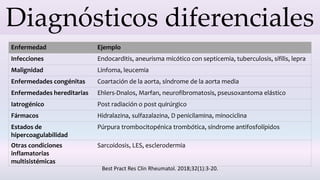 Diagnósticos diferenciales
Enfermedad Ejemplo
Infecciones Endocarditis, aneurisma micótico con septicemia, tuberculosis, sífilis, lepra
Malignidad Linfoma, leucemia
Enfermedades congénitas Coartación de la aorta, síndrome de la aorta media
Enfermedades hereditarias Ehlers-Dnalos, Marfan, neurofibromatosis, pseusoxantoma elástico
Iatrogénico Post radiación o post quirúrgico
Fármacos Hidralazina, sulfazalazina, D penicilamina, minociclina
Estados de
hipercoagulabilidad
Púrpura trombocitopénica trombótica, síndrome antifosfolípidos
Otras condiciones
inflamatorias
multisistémicas
Sarcoidosis, LES, esclerodermia
Best Pract Res Clin Rheumatol. 2018;32(1):3-20.
 