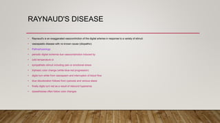 RAYNAUD'S DISEASE
• Raynaud's is an exaggerated vasocontriction of the digital arteries in response to a variety of stimuli.
• vasospastic disease with no known cause (idiopathic)
• Pathophysiology
• periodic digital ischemia due vasoconstriction induced by
• cold temperature or
• sympathetic stimuli including pain or emotional stress
• triphasic color change (white-blue-red progression)
• digits turn white from vasospasm and interruption of blood flow
• blue discoloration follows from cyanosis and venous stasis
• finally digits turn red as a result of rebound hyperemia
• dysesthesias often follow color changes
 