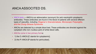 ANCA ASSOCITED DS.
• ANCA tests — ANCA is an abbreviation (acronym) for anti–neutrophil cytoplasmic
antibodies. These antibodies are found in the blood of patients with several different
types of vasculitis, including Wegener’s Granulomatosis, Microscopic Polyangiitis,
and the Churg–Strauss Syndrome.
• ANCAs are detected by a simple blood test. These antibodies are directed against the
cytoplasm (the non–nucleus part) of white blood cells.
• ANCAs come in two primary forms:
• 1) the C–ANCA [C stands for cytoplasmic].
• 2) the P–ANCA [P stands for perinuclear].
 