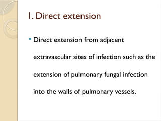 1. Direct extension
 Direct extension from adjacent
extravascular sites of infection such as the
extension of pulmonary fungal infection
into the walls of pulmonary vessels.
 