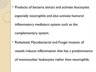  Products of bacteria attract and activate leucocytes
especially neutrophils and also activate humoral
inflammatory mediators system such as the
complementary system.
 Rickettsial, Mycobacterial and Fungal invasion of
vessels induces inflammation that has a predominance
of mononuclear leukocytes rather than neutrophils.
 