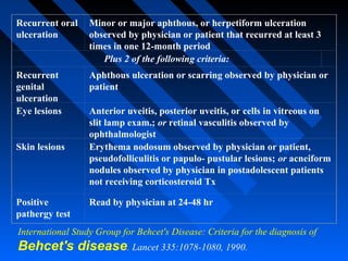 Recurrent oral
ulceration

Minor or major aphthous, or herpetiform ulceration
observed by physician or patient that recurred at least 3
times in one 12-month period
Plus 2 of the following criteria:

Recurrent
genital
ulceration
Eye lesions

Aphthous ulceration or scarring observed by physician or
patient

Skin lesions

Positive
pathergy test

Anterior uveitis, posterior uveitis, or cells in vitreous on
slit lamp exam.; or retinal vasculitis observed by
ophthalmologist
Erythema nodosum observed by physician or patient,
pseudofolliculitis or papulo- pustular lesions; or acneiform
nodules observed by physician in postadolescent patients
not receiving corticosteroid Tx
Read by physician at 24-48 hr

International Study Group for Behcet's Disease: Criteria for the diagnosis of

Behcet's disease. Lancet 335:1078-1080, 1990.

 