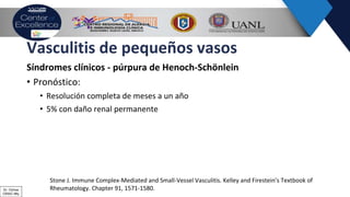 Vasculitis de pequeños vasos
Síndromes clínicos - púrpura de Henoch-Schönlein
• Pronóstico:
• Resolución completa de meses a un año
• 5% con daño renal permanente
Stone J. Immune Complex-Mediated and Small-Vessel Vasculitis. Kelley and Firestein’s Textbook of
Rheumatology. Chapter 91, 1571-1580.Dr. Ochoa
CRAIC Mty
 