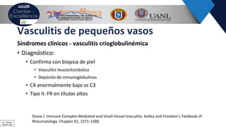 Vasculitis de pequeños vasos
Síndromes clínicos - vasculitis crioglobulinémica
• Diagnóstico:
• Confirma con biopsia de piel
• Vasculitis leucocitoclástica
• Depósito de inmunoglobulinas
• C4 anormalmente bajo vs C3
• Tipo II: FR en títulos altos
Stone J. Immune Complex-Mediated and Small-Vessel Vasculitis. Kelley and Firestein’s Textbook of
Rheumatology. Chapter 91, 1571-1580.Dr. Ochoa
CRAIC Mty
 