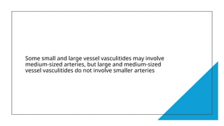 Some small and large vessel vasculitides may involve
medium-sized arteries, but large and medium-sized
vessel vasculitides do not involve smaller arteries
 