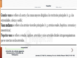 Aorta
Arteria grande
a mediana
Arteria pequeña
Arteriola
Capilar
Vénulas
Vena
Arteritis de célula gigante
(temporal) y Arteritis de
Takayasu
Poliarteritis nodosa y
enfermedad de
Kawasaki
Granulomatosis de Wegener y Síndrome de Churg-
Strauss
Poliangitis Microscópica (poliarteritis
microscópica)
Púrpura Henoch-Schönlein y
Vasculitis crioglobulinémica
esencial
Angiitis leucocitoclástica cutánea
Jennete JC Falk RJ, Andrassy K et al. Arthritis Rheum 1994;37-187-192
 