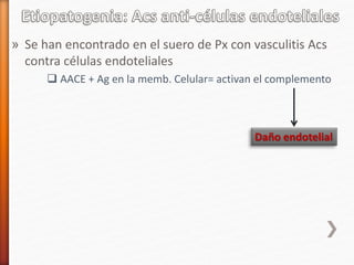 » Se han encontrado en el suero de Px con vasculitis Acs
contra células endoteliales
 AACE + Ag en la memb. Celular= activan el complemento
Daño endotelial
 