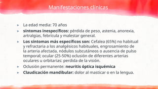 Manifestaciones clínicas
▸ La edad media: 70 años
▸ síntomas inespecíficos: pérdida de peso, astenia, anorexia,
artralgias, febrícula y malestar general.
▸ Los síntomas más específicos son: Cefalea (65%) no habitual
y refractaria a los analgésicos habituales, engrosamiento de
la arteria afectada, nódulos subcutáneos o ausencia de pulso
temporal; ocular (25-50%) oclusión de diferentes arterias
oculares u orbitarias: perdida de la visión.
▸ Oclusión permanente: neuritis óptica isquémica
▸ Claudicación mandibular: dolor al masticar o en la lengua.
 