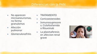 Diferencias con la PAN
▸ No aparecen
microaneurismas,
no forma
granulomas
▸ Afección
pulmonar
▸ Glomerulonefritis
▸ TRATAMIENTO
▸ Corticoesteroides
▸ Inmunosupresore
s: Ciclofosfamida
o Rituximab
▸ La plasmaferesis
en afeccion renal
grave
 
