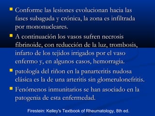  Conforme las lesiones evolucionanConforme las lesiones evolucionan hacia lashacia las
fases subaguda y crónica, la zona es infiltradafases subaguda y crónica, la zona es infiltrada
por mononucleares.por mononucleares.
 A continuación los vasos sufren necrosisA continuación los vasos sufren necrosis
fibrinoide, con reducción de la luz, trombosis,fibrinoide, con reducción de la luz, trombosis,
infarto de los tejidos irrigados por el vasoinfarto de los tejidos irrigados por el vaso
enfermo y, en algunosenfermo y, en algunos casos, hemorragia.casos, hemorragia.
 patología del riñon en la panarteritis nudosapatología del riñon en la panarteritis nudosa
clásica es la declásica es la de una arteritis sin glomerulonefritis.una arteritis sin glomerulonefritis.
 FenómenosFenómenos inmunitarios se han asociado en lainmunitarios se han asociado en la
patogenia de esta enfermedad.patogenia de esta enfermedad.
Firestein: Kelley's Textbook of Rheumatology, 8th ed.
 