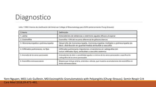 Diagnostico
Yann Nguyen, MD1 Loïc Guillevin, MD.Eosinophilic Granulomatosis with Polyangiitis (Churg–Strauss). Semin Respir Crit
Care Med 2018;39:471–481.
 
