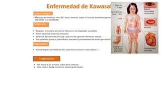Enfermedad de Kawasaki
Epidemiologia
• Afectacion de coronarias, ninos de 5 anos o menores, mayor en ninos de ascendencia japonesa (mas de
120/100,00 vs. 8-10/100,000
Patogenesis
• Respuesta inmunitaria aberrante a infeccion en un hospedador susceptible
• Patron estacional (invierno y primavera)
• Desarrollo de aneurismas el dia 25 y aparicion de signos de inflamacion vascular .
• Susceptibilidad genetica: polimorfismos asociados al procesamiento de senales por celulas B
Diagnostico
• Ecocoardiografia con dilatacion de o aneurismas coronarios: casos atipicos . •
• IGIV dentro de los primeros 10 dias de los sintomas .
• Dosis unica de 2 g/kg, monitorear sobrecarga de liquidos
Tratamiento
 