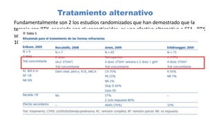 Tratamiento alternativo
Fundamentalmente son 2 los estudios randomizados que han demostrado que la
terapia con RTX, asociada con glucocorticoides, es una efectiva alternativa a CFA . RTX
se administra por vía intravenosa, a dosis de 375 mg/m2 x 4 semanas o dos dosis de
1000 mg separadas 15 días.
 