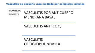 Vasculitis de pequeño vaso mediada por complejos inmunes
COMPLEJOS
INMUNES VASCULITIS POR ANTICUERPO
MENBRANA BASAL
VASCULITIS ANTI C1 Q
VASCULITIS
CRIOGLOBULINEMICA
 