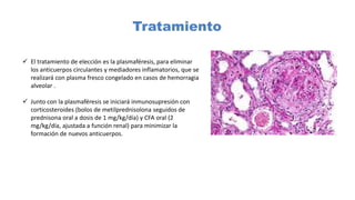  El tratamiento de elección es la plasmaféresis, para eliminar
los anticuerpos circulantes y mediadores inflamatorios, que se
realizará con plasma fresco congelado en casos de hemorragia
alveolar .
 Junto con la plasmaféresis se iniciará inmunosupresión con
corticosteroides (bolos de metilprednisolona seguidos de
prednisona oral a dosis de 1 mg/kg/día) y CFA oral (2
mg/kg/día, ajustada a función renal) para minimizar la
formación de nuevos anticuerpos.
Tratamiento
 